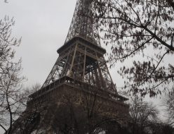 下から見上げると高いですが、一歩づつ階段をのぼってゆくことができます。冬のパリのエッフェル塔。